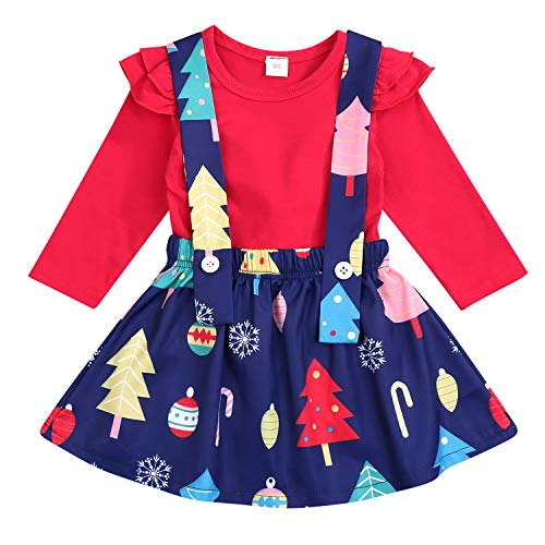 Toddler Kids Baby Girls Outfits Ruffle Top Christmas Tree Suspender Skirt Set 2PCS Clothes Set Winter (Blue, 12-18 Months) - Thumbnail 7