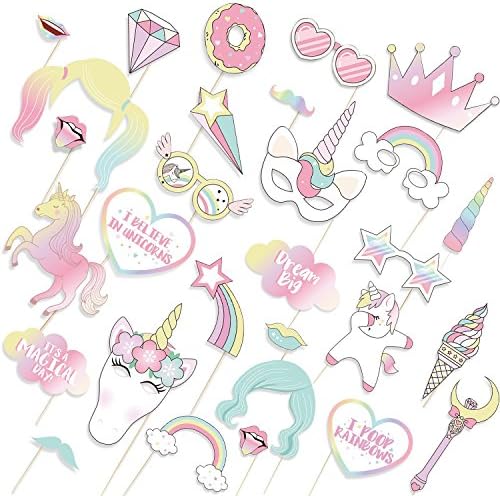 Unicorn Party Supplies Photo Props - Huge Photo Booth Prop Set To Upgrade Your Birthday Party - Use For Games, Gifts or In Front of a Backdrop - Perfect Decorations With Beautiful Rainbow Colors