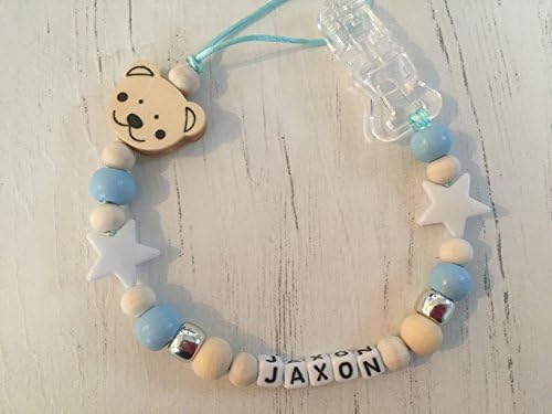 Personalised Baby Dummy Clip, Pacifier Holder, Soother Chain, Blue, Natural, with White Stars and Flat Teddy Head, Handmade from The U.K.