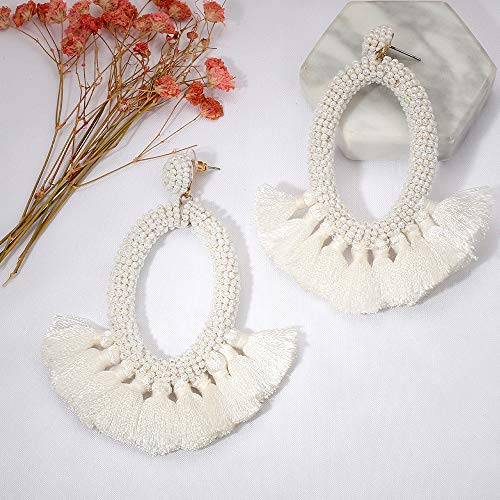 Women's Beaded Tassel Earrings Long Fringe Drop Bohemian Earings Dangle 7 Colors (Bead-White)