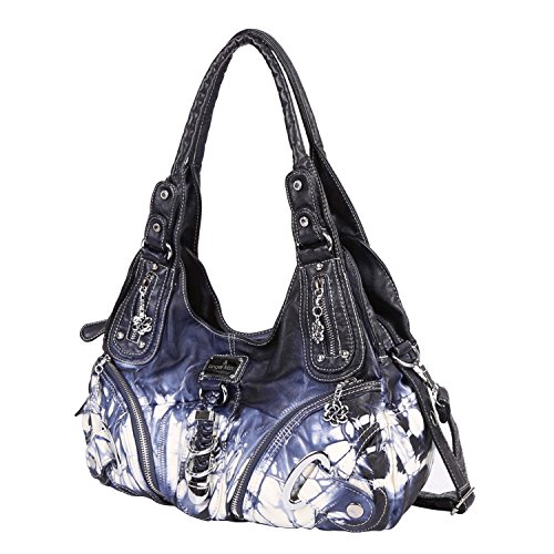 Angelkiss Women Multiple Pockets Purses and Handbags Washed Leather, Two Top Zippers Closure, Deep Blue - Thumbnail 2