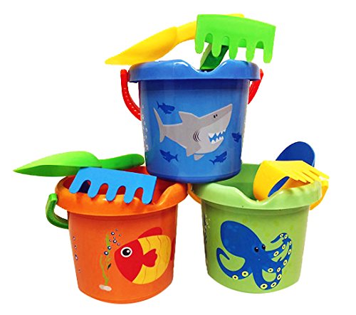 Charmed Kids Beach Sand Toy buckets pails Set With rakes, and scoops. (3 color sea animal)