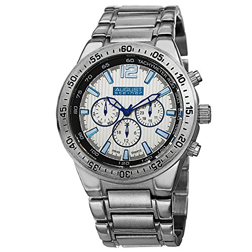 August Steiner Men's AS8128SS Silver Swiss Quartz Watch with Blue Accented Silver Dial and Silver Bracelet