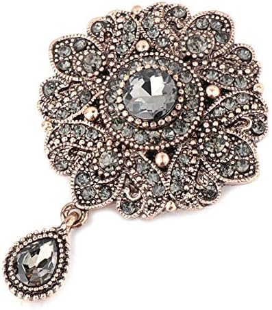 BULIW Brooch Vintage Gray Crystal Flower Turkish Brooch Pin for Women Antique Gold Arabesque Rhinestone Brooch Lapel Scarf Brooches