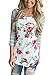 ZXZY Women Bohemian Crew Neck Striped 3/4 Sleeve Floral Print Shirt Blouse Tops Grey