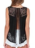 KOINECO Women's Black Lace Trimed Open Back Crop Tank Tops