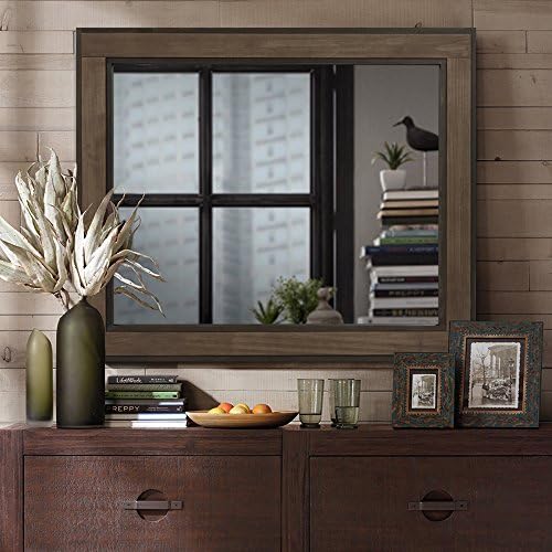 LINSGROUP Rustic Wood Wall Mirror 36" x 30" Large Wall Mount Stained Mirror Home Décor (Brown)
