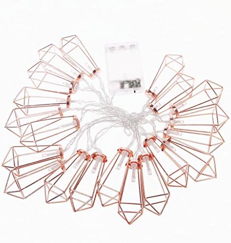 10 FT LED String Lights, 20 Rose Gold Geometric Diamond Lantern, Battery Operated Boho Fairy Lights for Home Patio Bedroom Garden Wedding Party Indoor Decoration (Warm White)