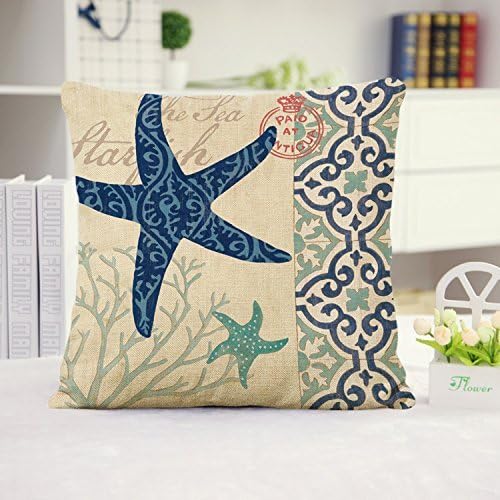 Wevda Sea Turtle Octopus Fishes Retro Cotton Linen Square Throw Pillow Case Decorative Cushion Cover Pillowcase Blue Ocean Series Sea Life 1818 - Starfish