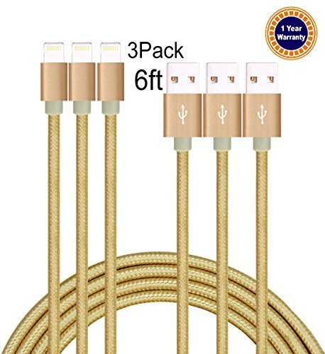 Jricoo 3pcs 6FT Lightning Cable Popular Nylon Braided Charing Cable Extra Long USB Cord for iphone 6s, SE, 6s plus, 6plus, 6,5s 5c 5,iPad Mini, Air,iPad5,iPod on iOS9.(gold).