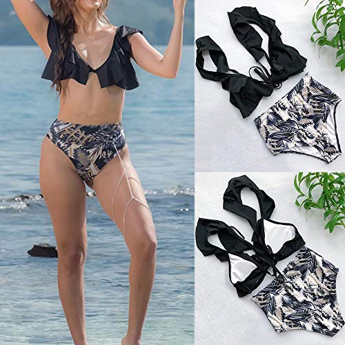 iYBUIA Women's Irregular Ruffle Bikini Set Solid Swimsuit Two Piece Filled Bra Print Underwear Beachwear Black