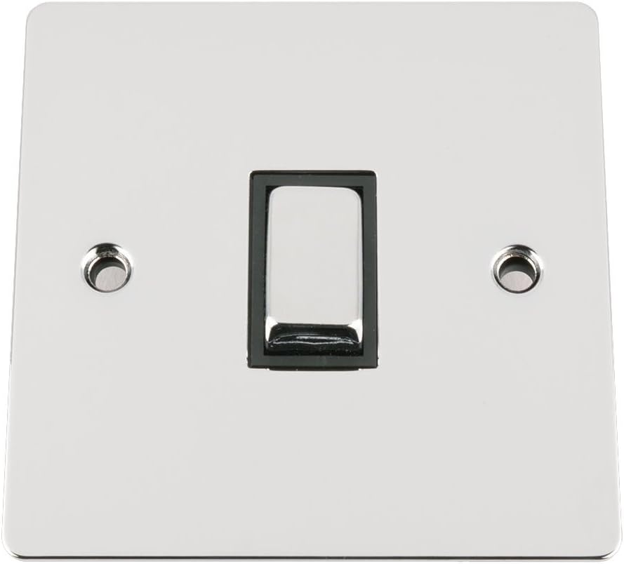 Light Switch 1 Gang 2 Way 10A -Polished Chrome -Flat -Black Insert -Metal Rocker Switch, White/Black