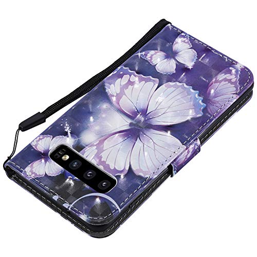 Funyye Magnetic Flip Case for Samsung Galaxy S10,Elegant 3D Purple Butterfly Fantasy Painted Design Folio Wallet Pocket with Stand Credit Card Holder Slots Soft Silicone Leather Case for Samsung S10