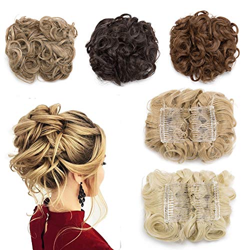 Elailite Messy Curly Combs Hair Bun Extensions Easy Stretch Hair Dish Chignon Clip in Updo Hairpiece Ponytail Scrunchy Accessory for Women Dark Blonde Mix Bleach Blonde