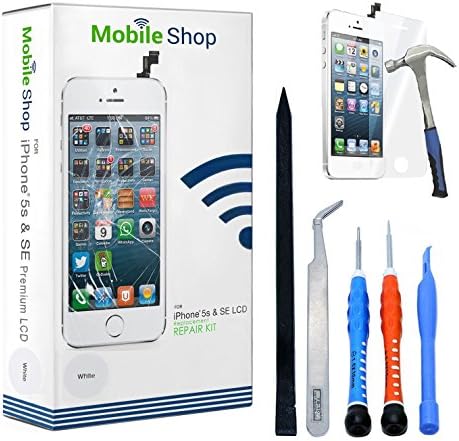 IPhone SE LCD Screen Replacement Kit in White With Complimentary Tools and Glass Screen Protector. (Pre-Installed Ear Mesh, Camera Holder, and Proximity Sensor)