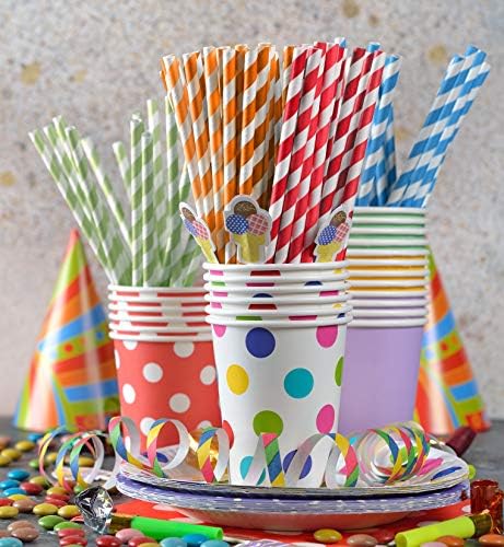 Premium Biodegradable Paper straws - Perfect For All Cold Beverages - Great for Kids, Parties, Holidays, Decorations - 250 Eco-Friendly Assorted Red, Orange, Blue, Green striped straws, by Zivaware