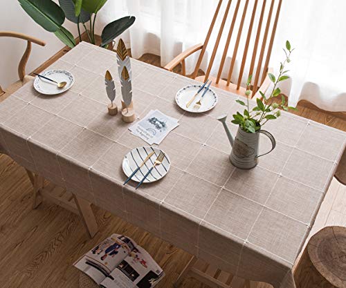 JZY Heavy Duty Cotton Linen Tablecloth for Rectangular Tables Solid Embroidery Lattice Table Cloth for Kitchen Dinning Tabletop Decoration (52"x98", Linen)