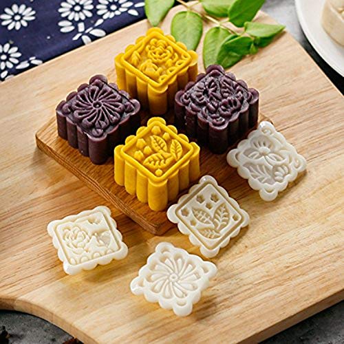 75G Mooncake Mold - Square Hand Press Cookie Stamps, DIY Baking Moon Cake Stamps, Bath Soap Mold, Cookies Cutters with 4 Stamps for Kitchen Mid Autumn Festival