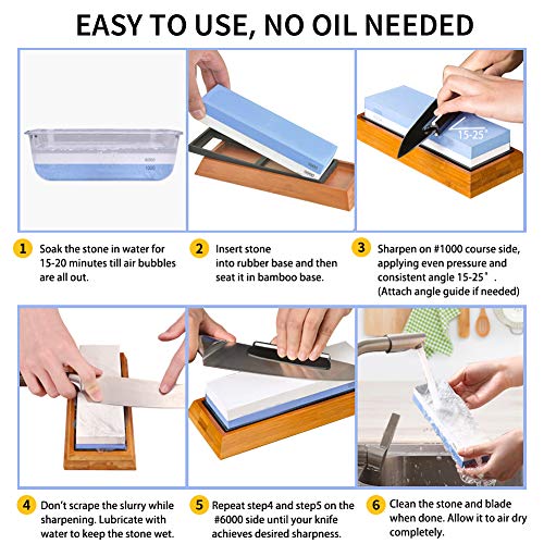 Knife Sharpening Stone Whetstone 1000/6000 Grit Water Stone Sharpener Kit 2 Sided Wet Stone Set for Kitchen Chef Pocket Knives Chisel, Bonus Non-slip Bases Holder, Flattening Stone, Angle Guide - Thumbnail 3