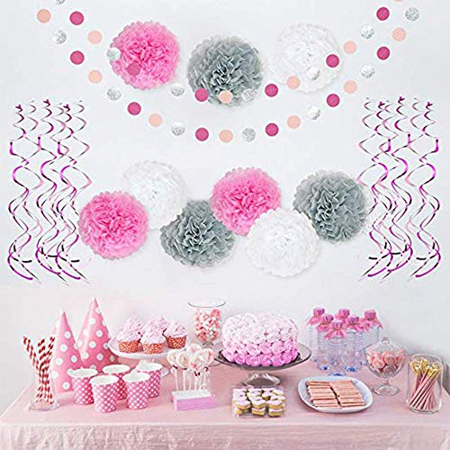 Tissue Paper Flowers Pom Poms Silver Glitter Circle Garland Hanging Swirls Party Decorations for Baby Shower Birthday Girl Bridal Shower Bachelorette Wedding Nursery Room Decor(Baby Pink-White-Grey)