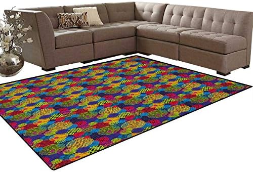Abstract,Floor Mat,Hand Drawn Circles Grunge Style Surreal Designs Checkered Swirled Colorful Pattern,Living Dining Room Bedroom Hallway Office Carpet,Multicolor Size:6'6" x9'