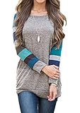 UMETINY Women's Long Sleeve Round Neck Patchwork Casual Shirt Tops (M, Blue)