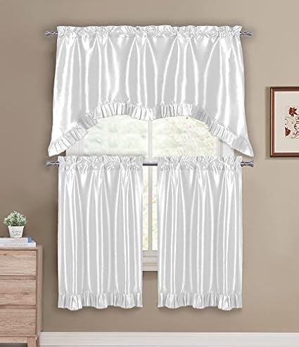 DUCK RIVER TEXTILES - Bella Ruffle Kitchen Window Curtain Tier & Valance Set, 2 28 X 36 Inch | 1 55 X 36 Inch, White
