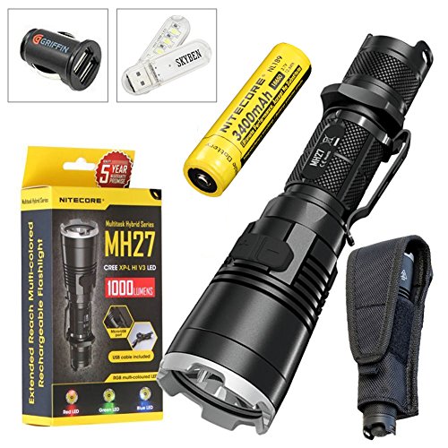 Nitecore MH27 CREE XP-L HI V3 LED 1000 Lumens Flashlight With 18650 Rechargeable Battery and Skyben USB Light and Car Charger