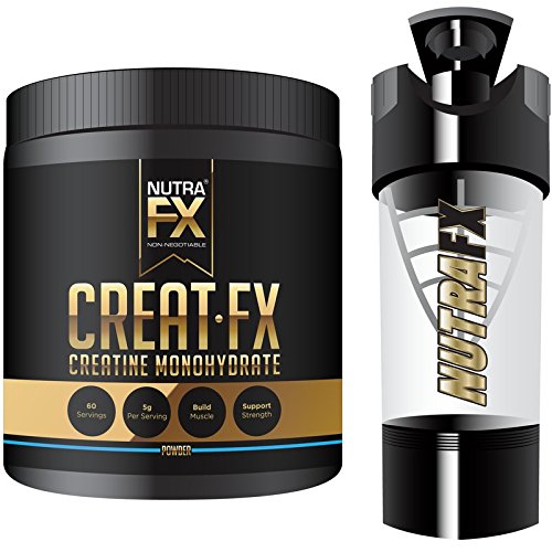 NutraFX Micronized Creatine Monohydrate Powder - With High-Tech Shaker Bottle - All Natural Pre Workout Energy Boost and Muscle Building Supplements (300g - 60 Servings)