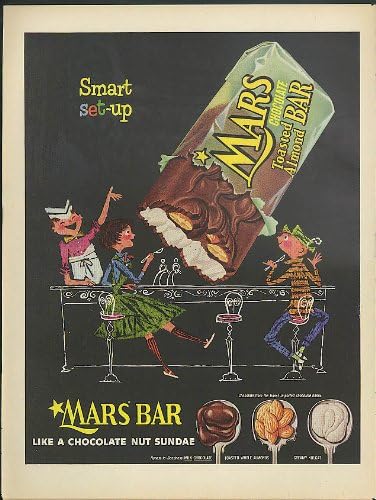 Smart set-up Mars Chocolate Toasted Almond Bar ad 1955 soda fountain
