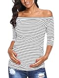 AnnAnn Womens Maternity Tunic Tops Off Shoulder 3/4 Sleeve Classic Side Ruched T-shirt Pregnancy Clothes White/Black Stripe Small