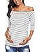 AnnAnn Womens Maternity Tunic Tops Off Shoulder 3/4 Sleeve Classic Side Ruched T-shirt Pregnancy Clothes White/Black Stripe Small
