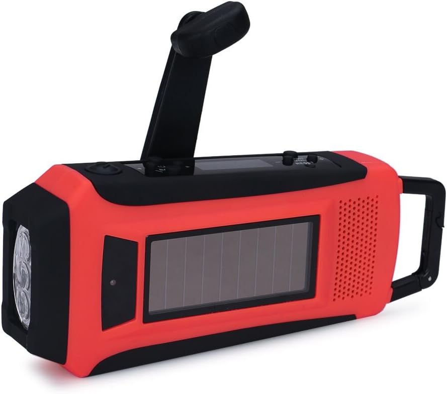 iRonsnow IS-092 Dynamo Emergency Solar Hand Crank Self Powered NOAA/AM/FM Weather Radio, with 1000mAh Power Bank, Charge, Flashlight, LCD Display (Red)