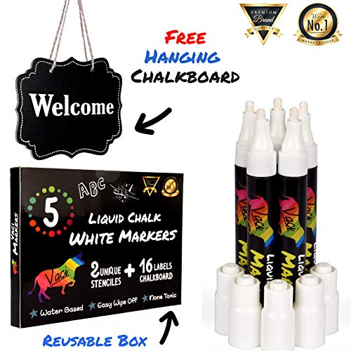 White Chalk Markers by Vaci, Pack of 5 White Markers Drawing Stencils + 16 Labels, Premium Liquid Chalkboard Neon Pens, Professional White Ink Tips