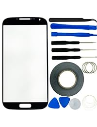 Samsung Galaxy S4 Protector de Kit de repuestos incluye 1 Pantalla de repuesto de vidrio para Samsung Galaxy S4 i9500 1 par de pinzas 1 rollo de 2 mm cinta adhesiva 1 Kit de herramientas 1 ECO-FUSED Paño de limpieza de microfibra..., Negro
