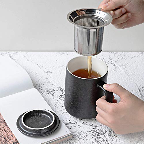 Krokori Ceramic Cup Glaze Tea Cup Coffee Mugs Cup with Lid and Infuser for Home, Kitchen, Office and Daily Use, Dishwasher Safe - 16oz (Black)