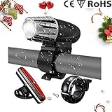 SGODDE USB Rechargeable Bike Light Set, Super Bright 4 Mode 300 Lumen Front Light and 3 Mode LED Tail Light with Bike Bell/Ring, Waterproof Splash-proof for Mountain Bike, Road Bike, Safe Cycling