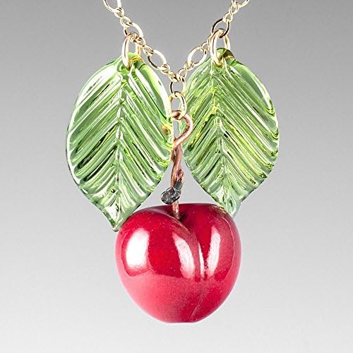 Glass Red Cherry Necklace with Light Green Leaves on Adjustable Gold Filled Figure 8 Chain