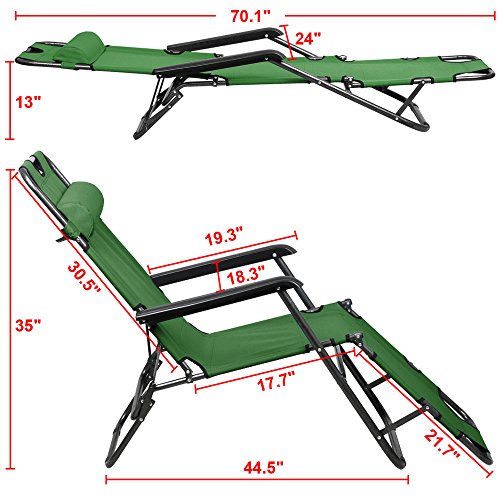 Chaise Lounge Patio Chair Outdoor Yard Beach Metal Folding Recliner Army Green