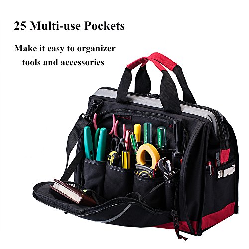 Tool Bag Organizer, 25 Pockets 16-inch Wide Mouth Rugged Tools Storage Bag for Electrician, Contractor, Plumber, Cable Repairman