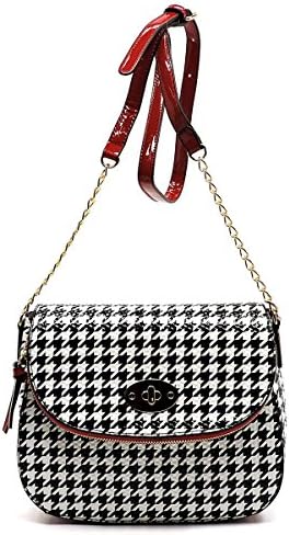 Elphis Houndstooth Leopard Glossy Animal Printed Saddle Satchel Crossbody Bag Purse (046B) (Houndstooth/Red)