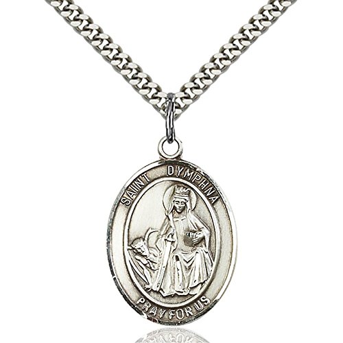 Sterling Silver St. Dymphna Pendant 1 x 3/4 inches with Heavy Curb Chain