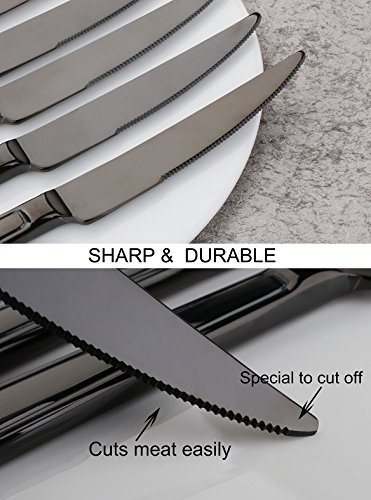 Steak Knife Set Black, Onlycooker Heavy Duty Knives Stainless Steel 6 Piece 9-inch Table Flatware Silverware Dishwasher Safe Use for Home Kitchen or Restaurant