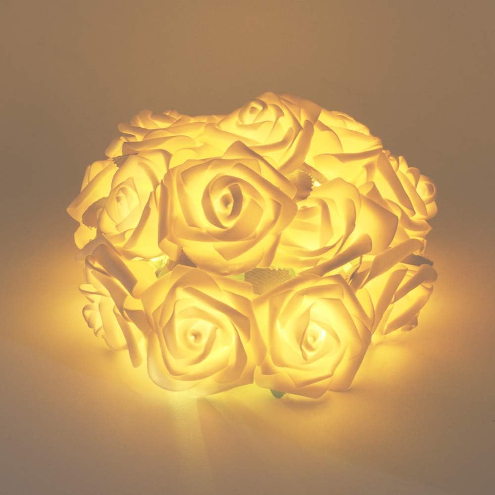 Valentine's Rose LED Lights, 20 LED Battery Operated String Romantic Flower White Rose with green leaves, 7ft Fairy Decorative Light Lamp, Wedding, Room, Garden, Patio, Party Warmth Decor (Warm White)