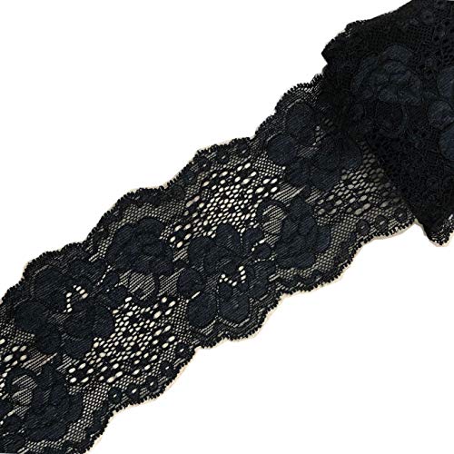 10 Yards Stretch Lace Ribbon Trim 3 inch Floral Pattern Lace Elastic for Headbands Garters Sewing Decorat Craft Supply (Black)