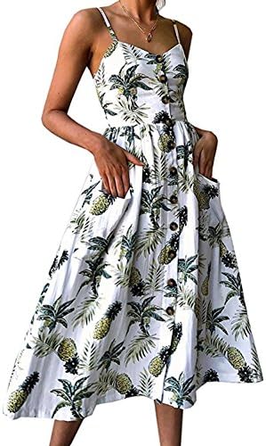 Women's Summer Sleeveless Floral Flared Bohemian Spaghetti Strap Button Down Swing Midi Dress with Pockets X-Large B3