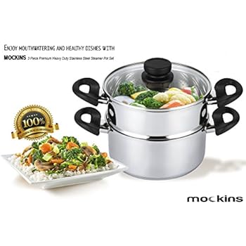 mockins 3 Piece Premium Heavy Duty Stainless Steel Steamer Pot Set Includes 3 Quart Cooking Pot, 2 Quart Steamer Insert and Vented Glass Lid | Stack and Steam Pot Set for All Cooking Surfaces