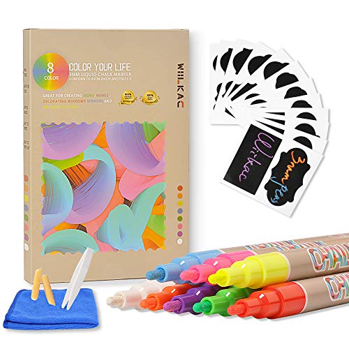 Liquid Chalk Markers, 8 Pack Neon Chalkboard Pens for Bistro Boards and Windows Paint, Erasable Chalk Markers with 24 Labels, Cleaning Cloth,Reversible Bullets and Chisel Tip by Wiilkac