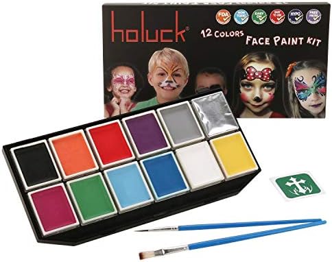 Holuck Face Paint Kit with 12 Color,2 Brushes ,4 Paint Stencils ,Non Toxic for Sensitive Skin Easy & Safe,Professional Palette Perfect for Adults & Kids