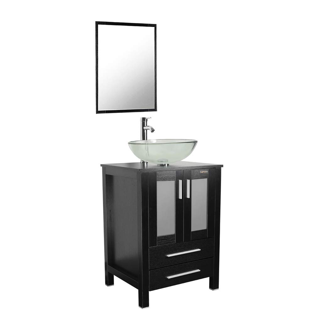 24 Bathroom Vanity And Sink Combo Stand Cabinet Mdf Board Cabinet Tempered Glass Vessel Sink Round Clear Sink Bowl 1 5 Gpm Water Save Chrome Faucet Solid Brass Pop Up Drain W Mirror A16b02 Bathroom Fixtures Kitchen Bath